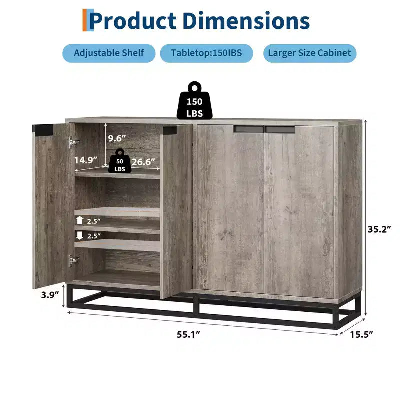 Credenza moderna con 4 ante e ripiani, mobile contenitore a buffet