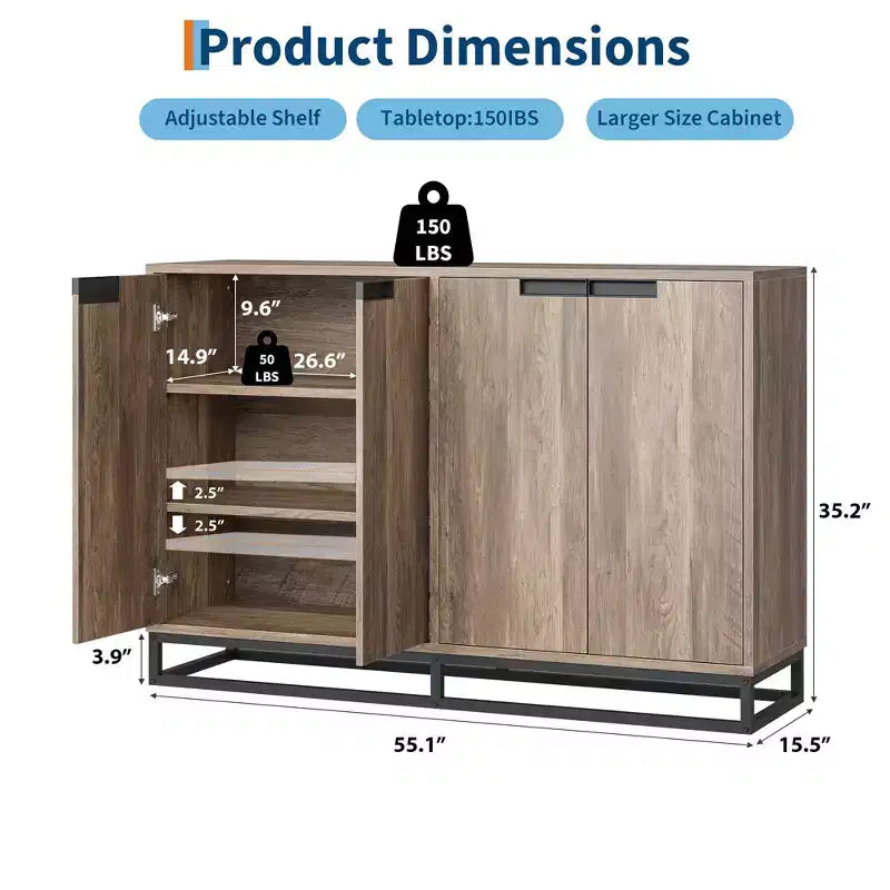 Credenza moderna con 4 ante e ripiani, mobile contenitore a buffet