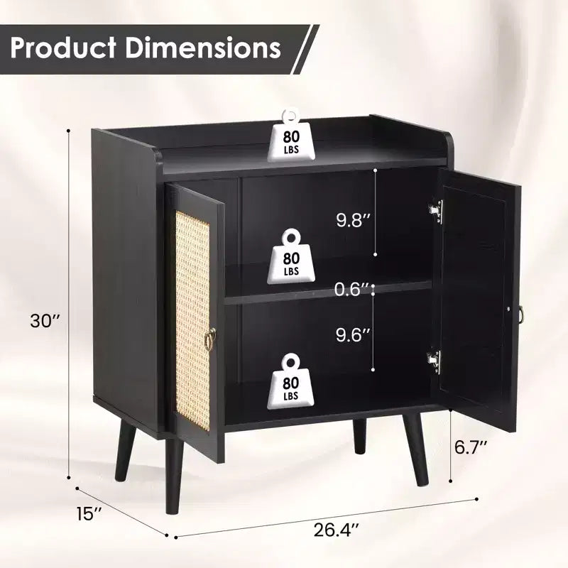 Madia Credenza con Mobile Contenitore, Mobile Bar per Liquori con Ante Decorate in Rattan, Tavolo Consolle per Sala da Pranzo - Nero