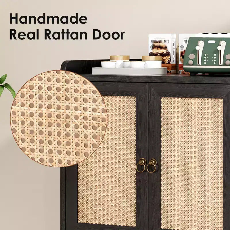 Madia Credenza con Mobile Contenitore, Mobile Bar per Liquori con Ante Decorate in Rattan, Tavolo Consolle per Sala da Pranzo - Nero