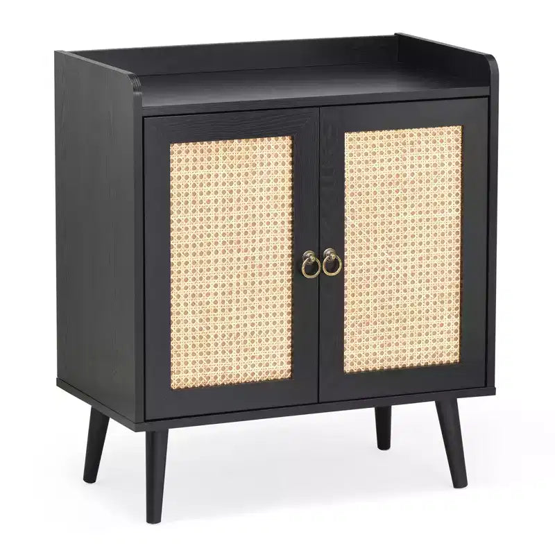 Madia Credenza con Mobile Contenitore, Mobile Bar per Liquori con Ante Decorate in Rattan, Tavolo Consolle per Sala da Pranzo - Nero