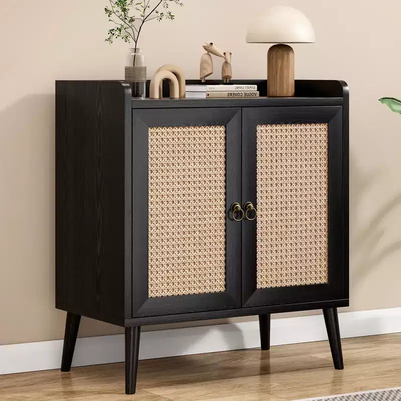 Madia Credenza con Mobile Contenitore, Mobile Bar per Liquori con Ante Decorate in Rattan, Tavolo Consolle per Sala da Pranzo - Nero