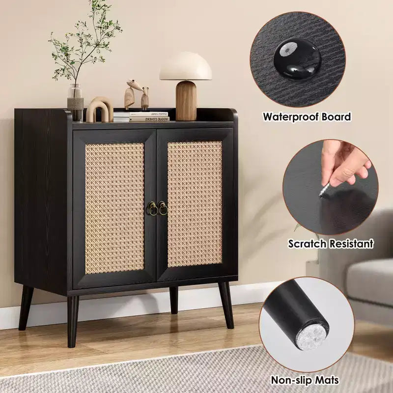 Madia Credenza con Mobile Contenitore, Mobile Bar per Liquori con Ante Decorate in Rattan, Tavolo Consolle per Sala da Pranzo - Nero