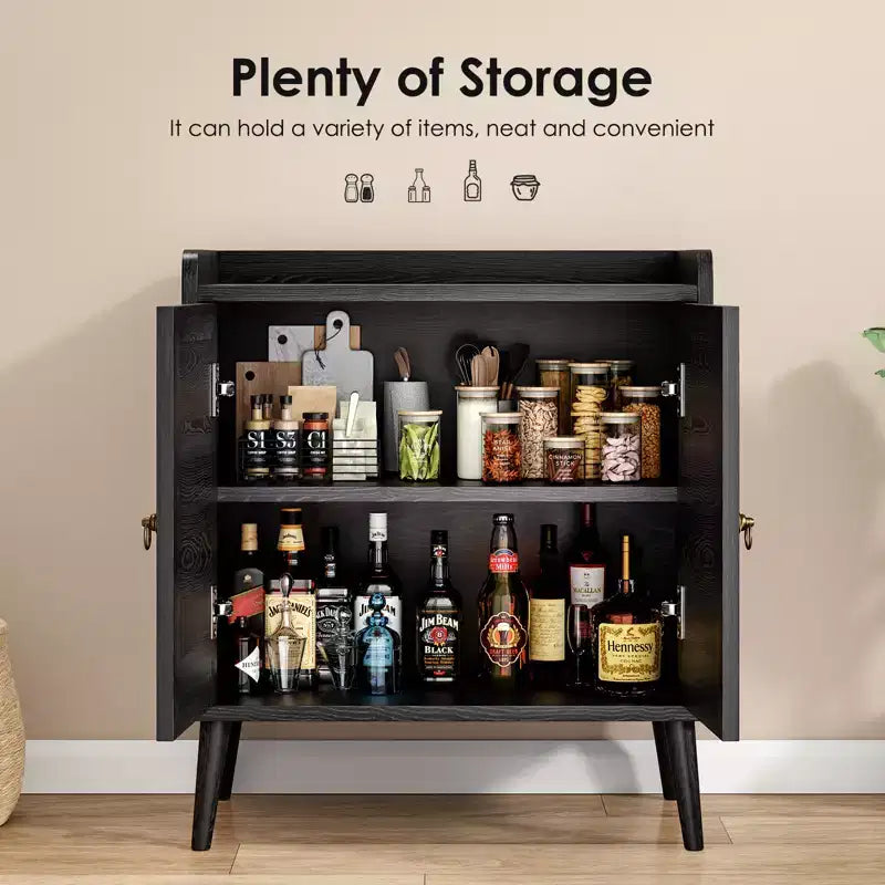 Madia Credenza con Mobile Contenitore, Mobile Bar per Liquori con Ante Decorate in Rattan, Tavolo Consolle per Sala da Pranzo - Nero