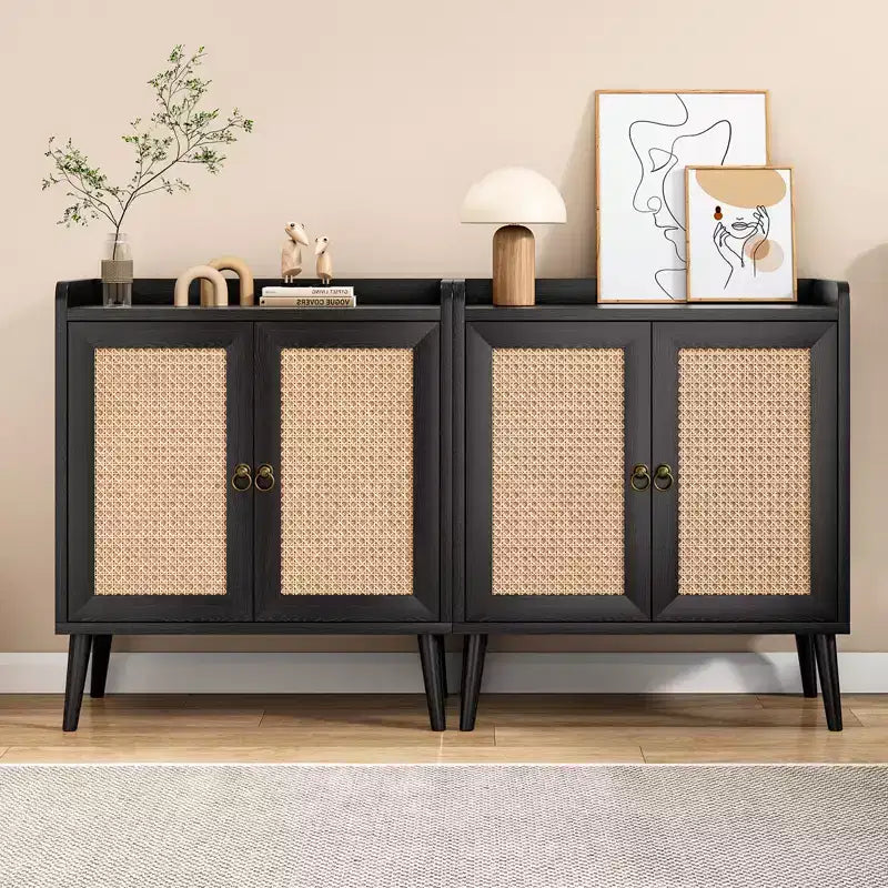 Madia Credenza con Mobile Contenitore, Mobile Bar per Liquori con Ante Decorate in Rattan, Tavolo Consolle per Sala da Pranzo - Nero