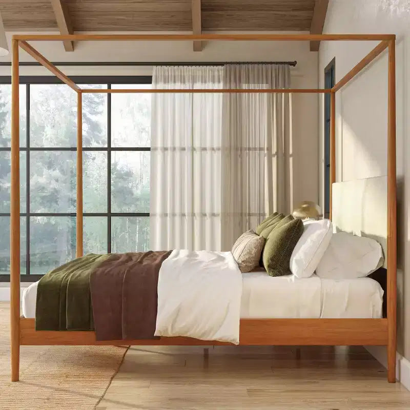 Letto a baldacchino con testiera imbottita, biondo/caffè svizzero (MD2411-01)
