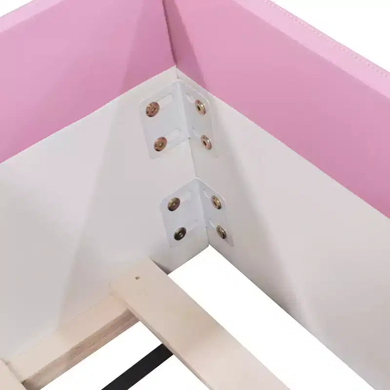 Struttura per divano letto imbottita singola/matrimoniale con recinzione e scalini, letto a pavimento Montessori per bambini con robusto supporto a doghe, rosa+bianco