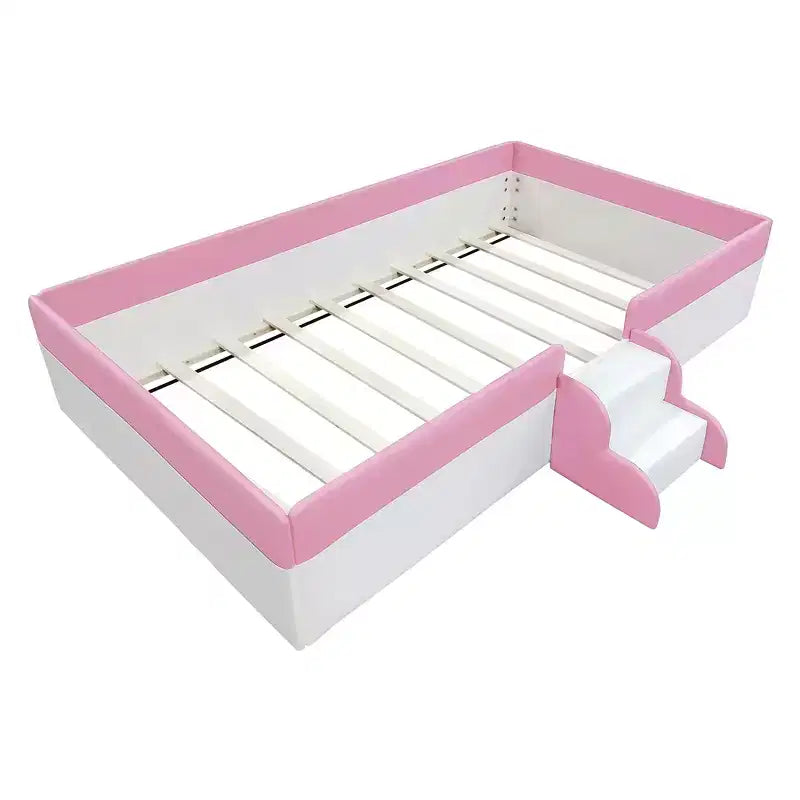 Struttura per divano letto imbottita singola/matrimoniale con recinzione e scalini, letto a pavimento Montessori per bambini con robusto supporto a doghe, rosa+bianco