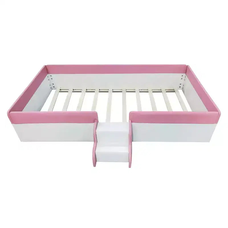 Struttura per divano letto imbottita singola/matrimoniale con recinzione e scalini, letto a pavimento Montessori per bambini con robusto supporto a doghe, rosa+bianco