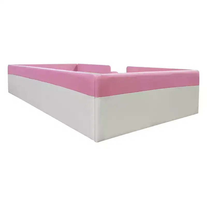 Struttura per divano letto imbottita singola/matrimoniale con recinzione e scalini, letto a pavimento Montessori per bambini con robusto supporto a doghe, rosa+bianco