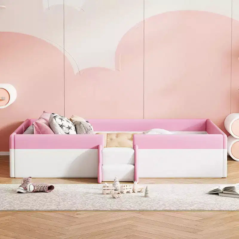 Struttura per divano letto imbottita singola/matrimoniale con recinzione e scalini, letto a pavimento Montessori per bambini con robusto supporto a doghe, rosa+bianco