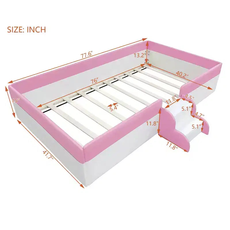 Struttura per divano letto imbottita singola/matrimoniale con recinzione e scalini, letto a pavimento Montessori per bambini con robusto supporto a doghe, rosa+bianco