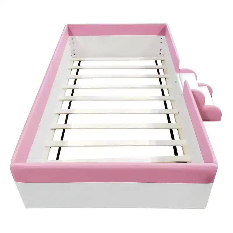 Struttura per divano letto imbottita singola/matrimoniale con recinzione e scalini, letto a pavimento Montessori per bambini con robusto supporto a doghe, rosa+bianco