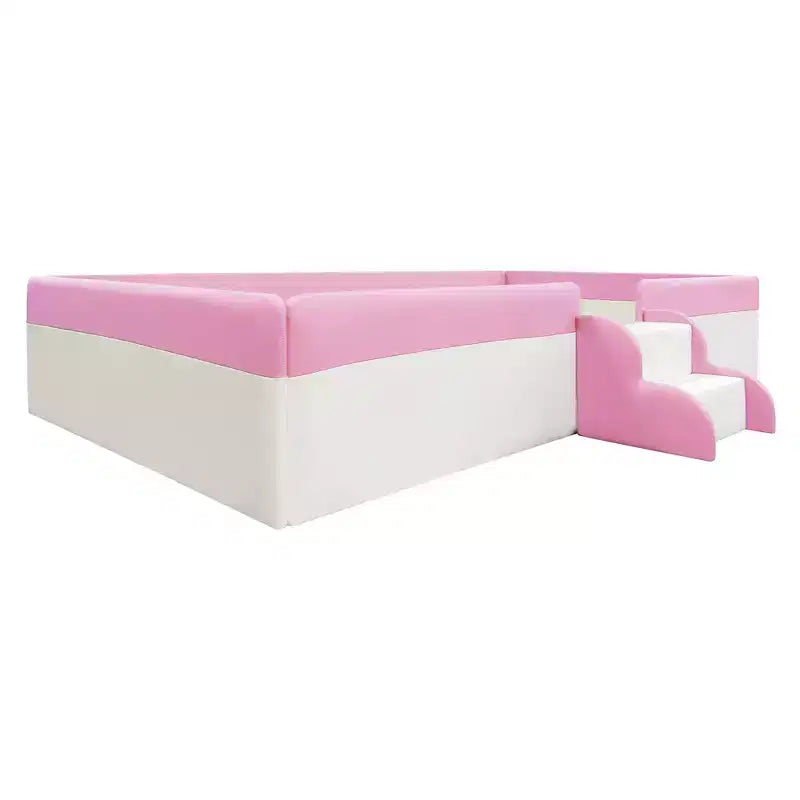 Struttura per divano letto imbottita singola/matrimoniale con recinzione e scalini, letto a pavimento Montessori per bambini con robusto supporto a doghe, rosa+bianco
