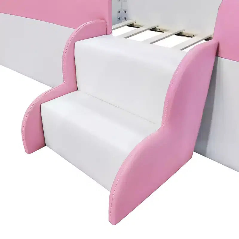 Struttura per divano letto imbottita singola/matrimoniale con recinzione e scalini, letto a pavimento Montessori per bambini con robusto supporto a doghe, rosa+bianco