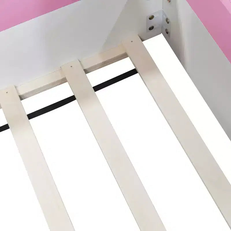 Struttura per divano letto imbottita singola/matrimoniale con recinzione e scalini, letto a pavimento Montessori per bambini con robusto supporto a doghe, rosa+bianco