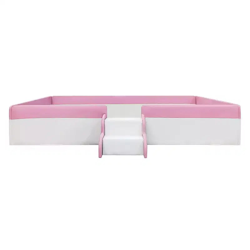Struttura per divano letto imbottita singola/matrimoniale con recinzione e scalini, letto a pavimento Montessori per bambini con robusto supporto a doghe, rosa+bianco