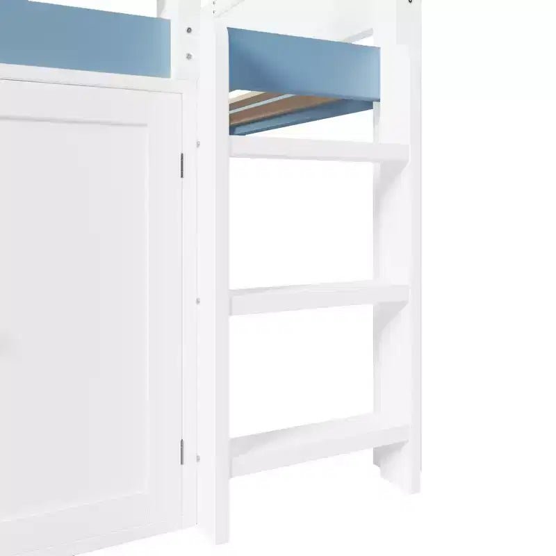 Letto a soppalco full-size, design a casetta con tetto a baldacchino e armadietto contenitore