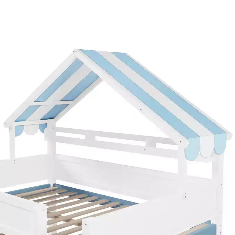 Letto a soppalco full-size, design a casetta con tetto a baldacchino e armadietto contenitore