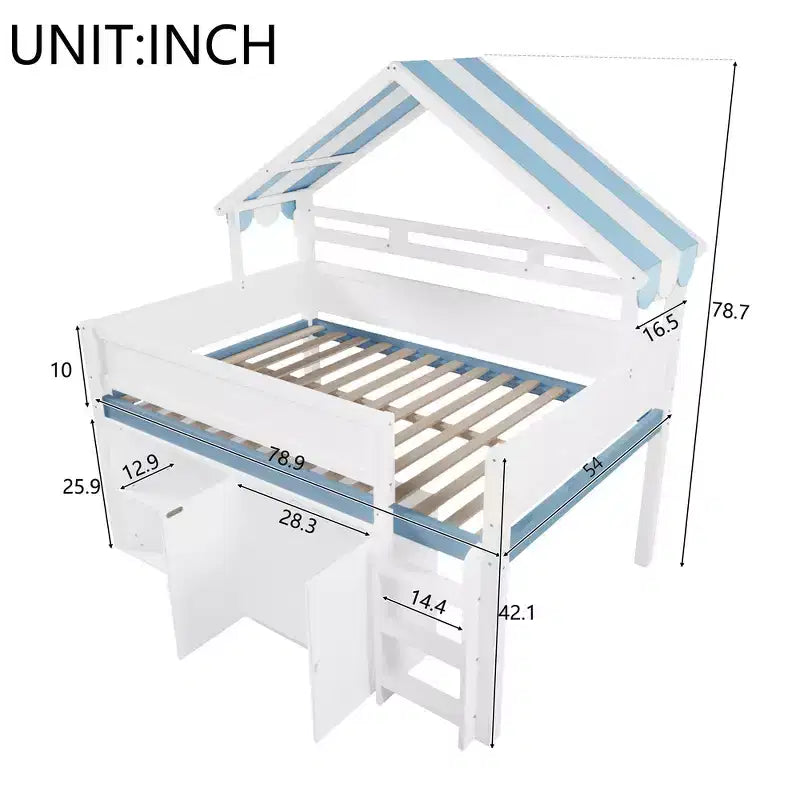 Letto a soppalco full-size, design a casetta con tetto a baldacchino e armadietto contenitore