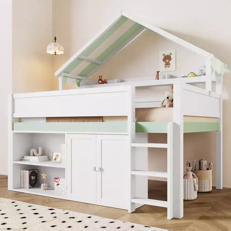 Letto a soppalco full-size, design a casetta con tetto a baldacchino e armadietto contenitore