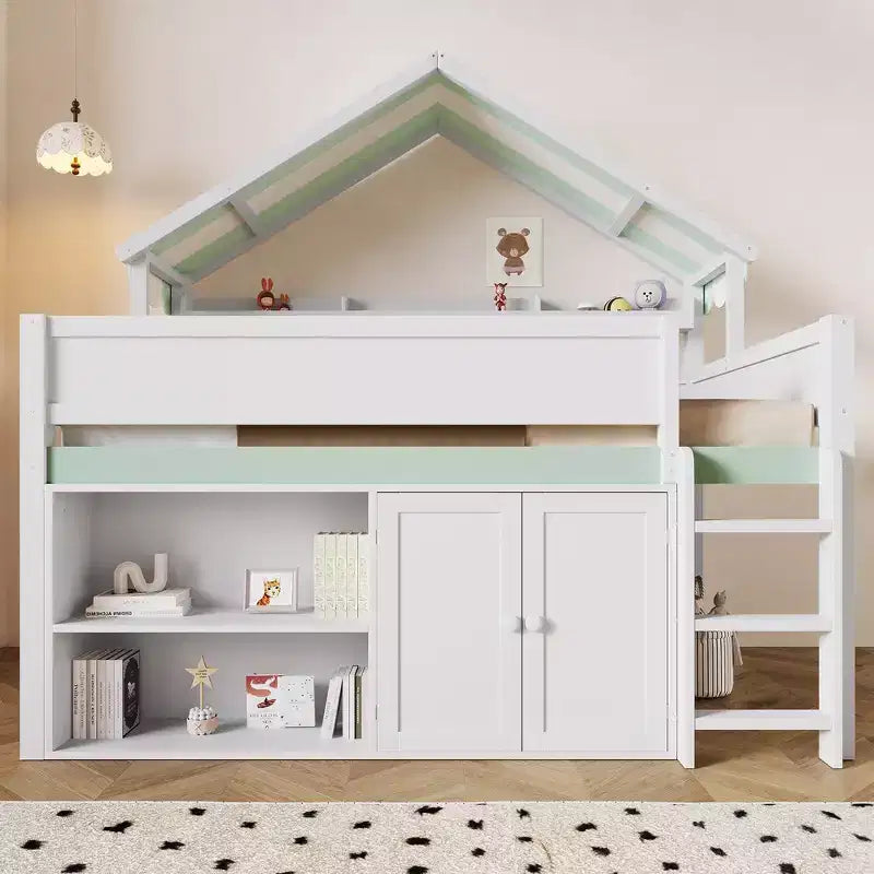 Letto a soppalco full-size, design a casetta con tetto a baldacchino e armadietto contenitore