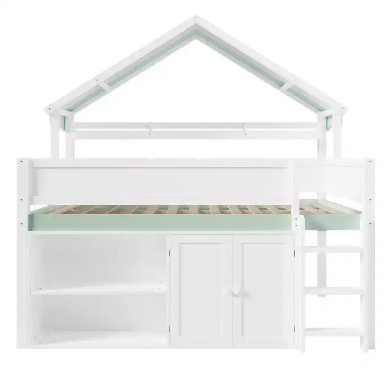 Letto a soppalco full-size, design a casetta con tetto a baldacchino e armadietto contenitore