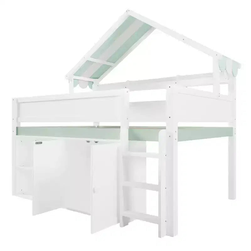 Letto a soppalco full-size, design a casetta con tetto a baldacchino e armadietto contenitore