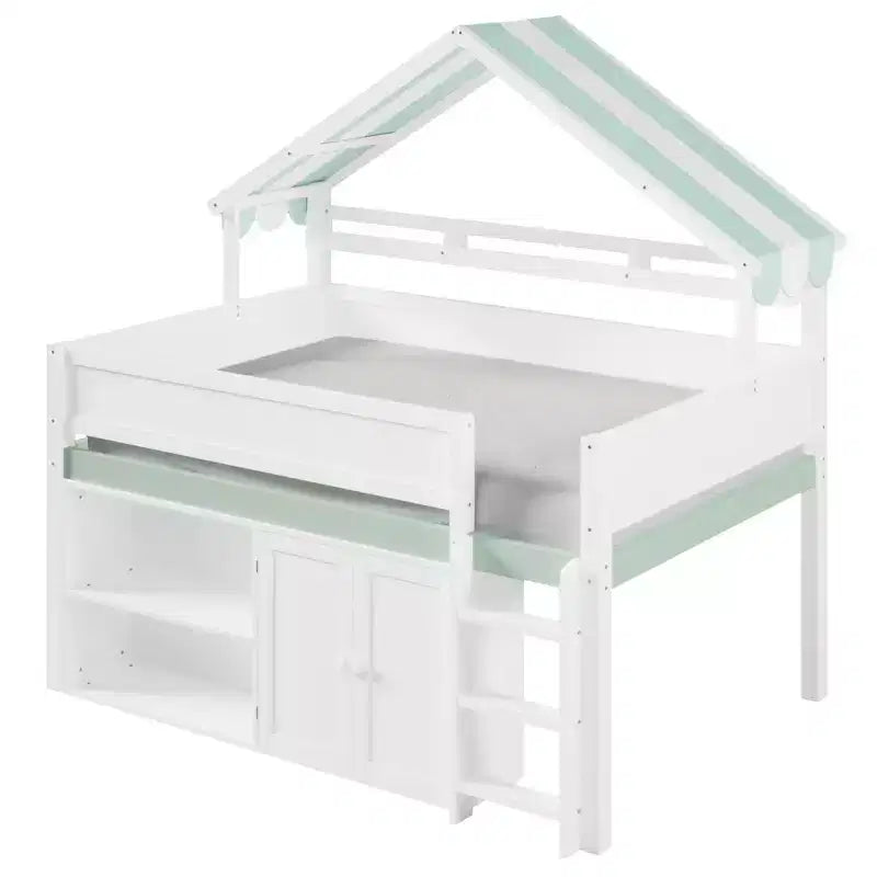 Letto a soppalco full-size, design a casetta con tetto a baldacchino e armadietto contenitore