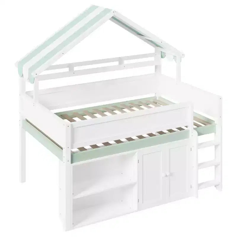 Letto a soppalco full-size, design a casetta con tetto a baldacchino e armadietto contenitore