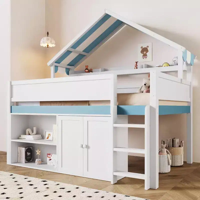 Letto a soppalco full-size, design a casetta con tetto a baldacchino e armadietto contenitore