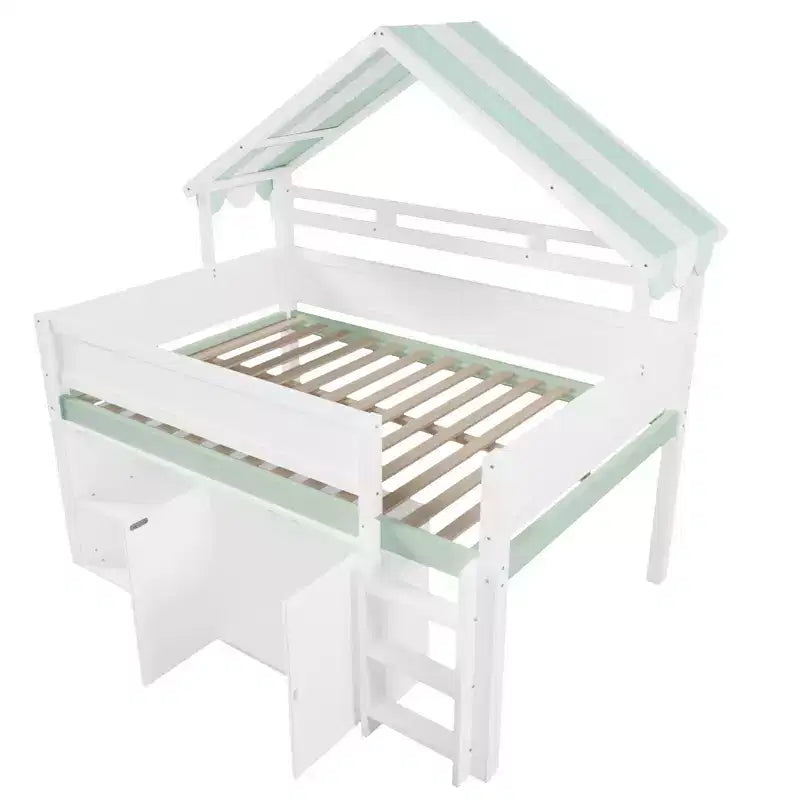 Letto a soppalco full-size, design a casetta con tetto a baldacchino e armadietto contenitore