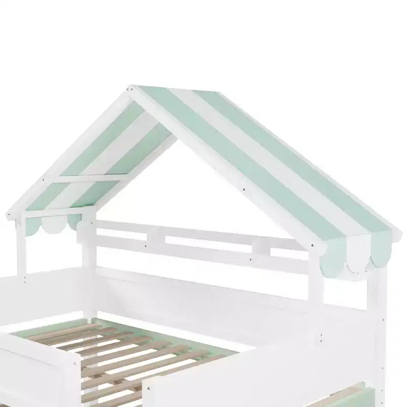 Letto a soppalco full-size, design a casetta con tetto a baldacchino e armadietto contenitore
