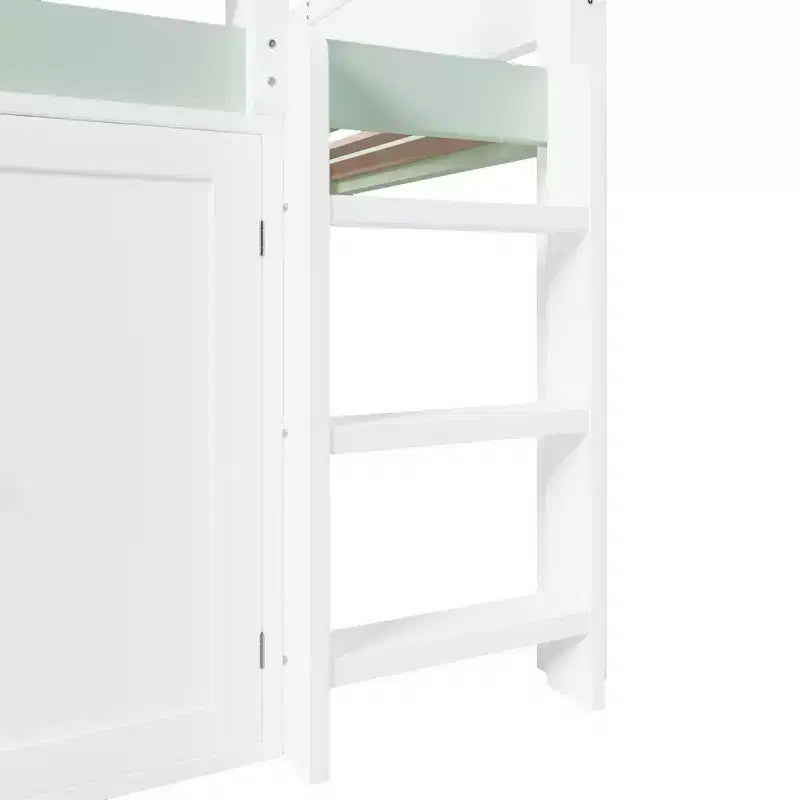 Letto a soppalco full-size, design a casetta con tetto a baldacchino e armadietto contenitore