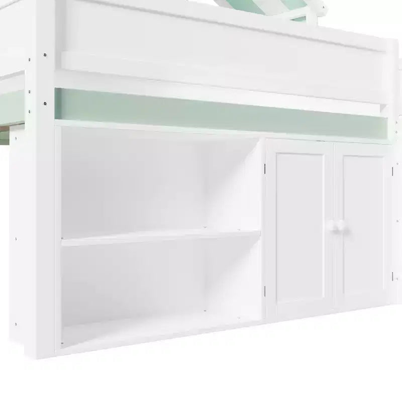 Letto a soppalco full-size, design a casetta con tetto a baldacchino e armadietto contenitore
