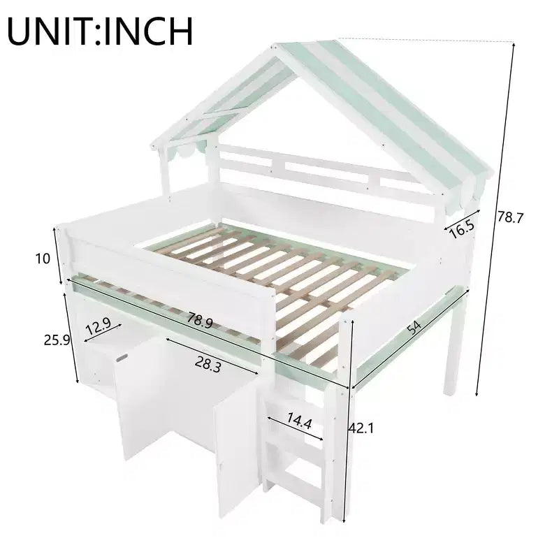 Letto a soppalco full-size, design a casetta con tetto a baldacchino e armadietto contenitore