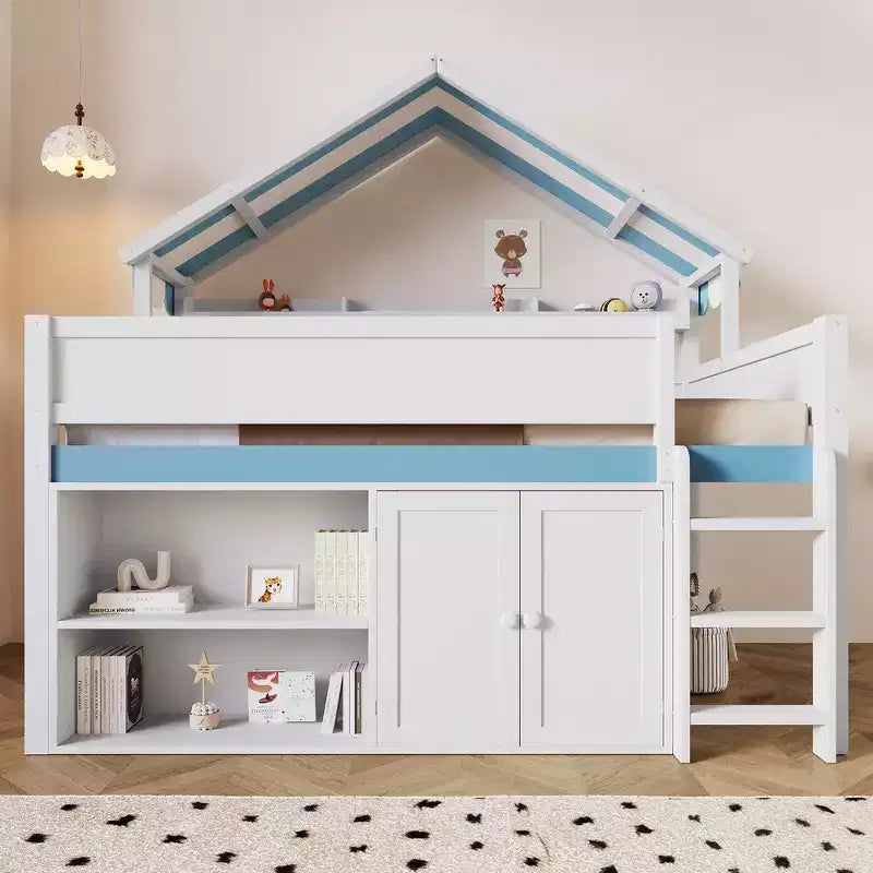 Letto a soppalco full-size, design a casetta con tetto a baldacchino e armadietto contenitore