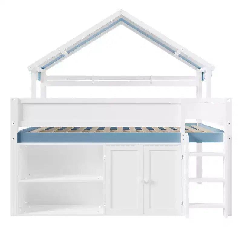 Letto a soppalco full-size, design a casetta con tetto a baldacchino e armadietto contenitore