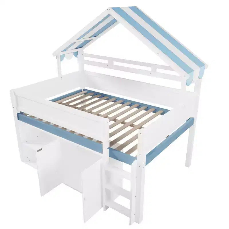 Letto a soppalco full-size, design a casetta con tetto a baldacchino e armadietto contenitore