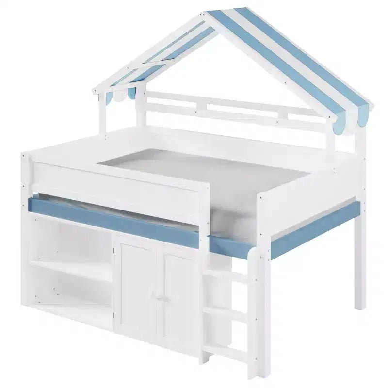 Letto a soppalco full-size, design a casetta con tetto a baldacchino e armadietto contenitore
