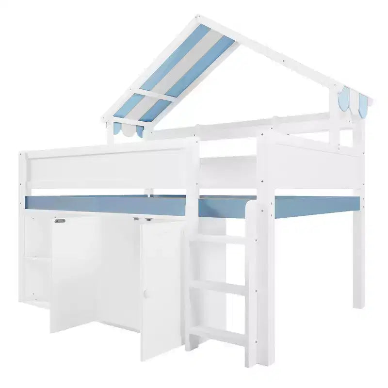 Letto a soppalco full-size, design a casetta con tetto a baldacchino e armadietto contenitore