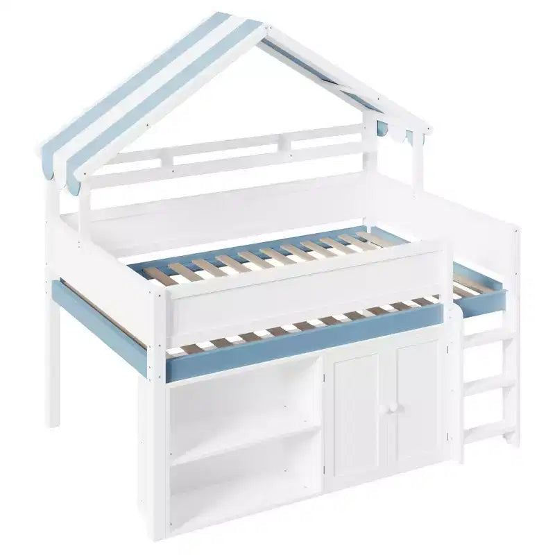 Letto a soppalco full-size, design a casetta con tetto a baldacchino e armadietto contenitore
