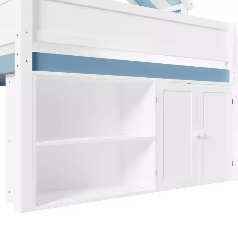 Letto a soppalco full-size, design a casetta con tetto a baldacchino e armadietto contenitore