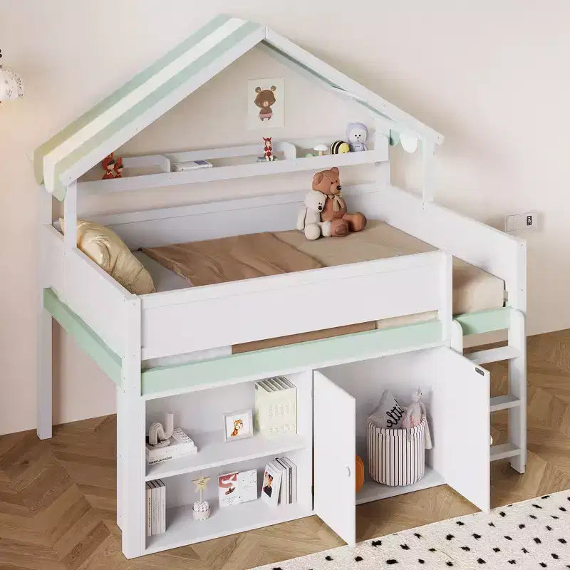 Letto a soppalco full-size, design a casetta con tetto a baldacchino e armadietto contenitore