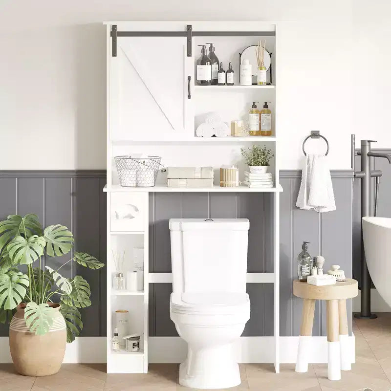Mobiletto portaoggetti da bagno da posizionare sopra il WC con anta scorrevole, organizer da bagno con ripiano regolabile e portarotolo per bagno