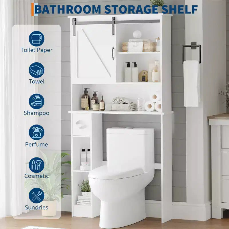 Mobiletto portaoggetti da bagno da posizionare sopra il WC con anta scorrevole, organizer da bagno con ripiano regolabile e portarotolo per bagno