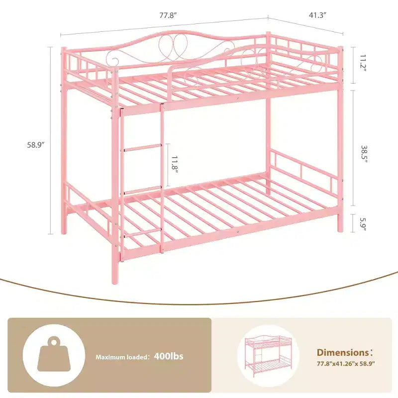 Letto a castello singolo su singolo, struttura in metallo resistente con sponde di sicurezza su tutta la lunghezza, capacità di 180 kg