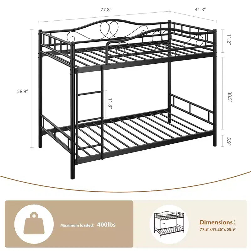 Letto a castello singolo su singolo, struttura in metallo resistente con sponde di sicurezza su tutta la lunghezza, capacità di 180 kg