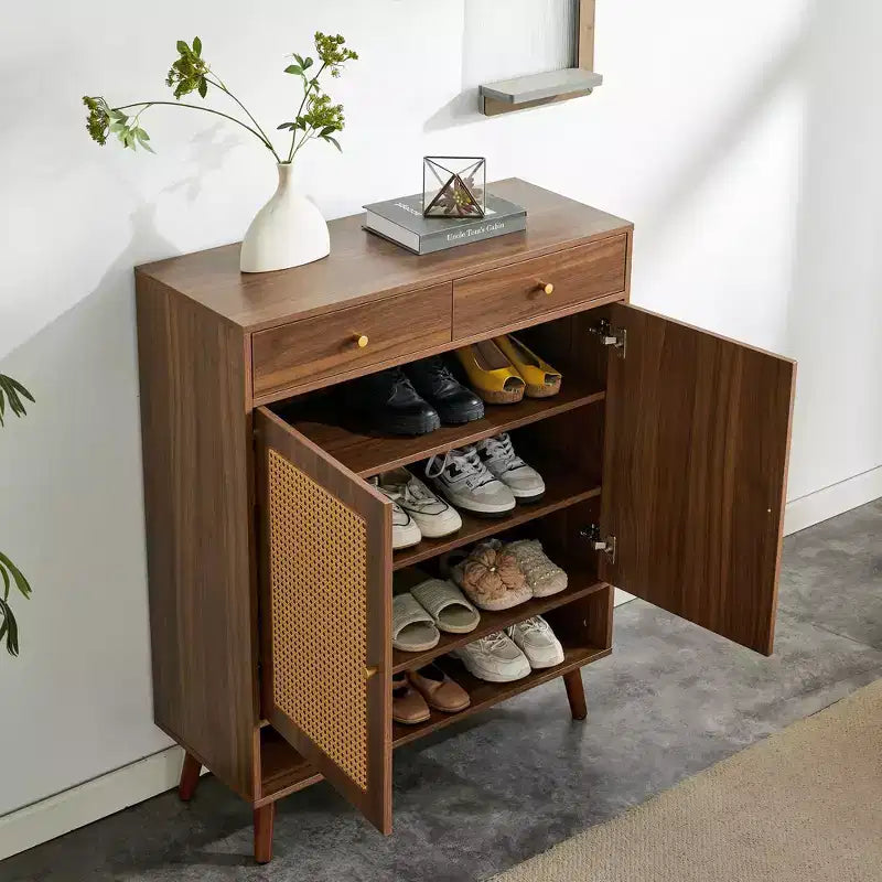 Mobile scarpiera/madia dal design in rattan color legno di metà secolo con ante e cassetti, scarpiera autoportante per foyer e ingressi