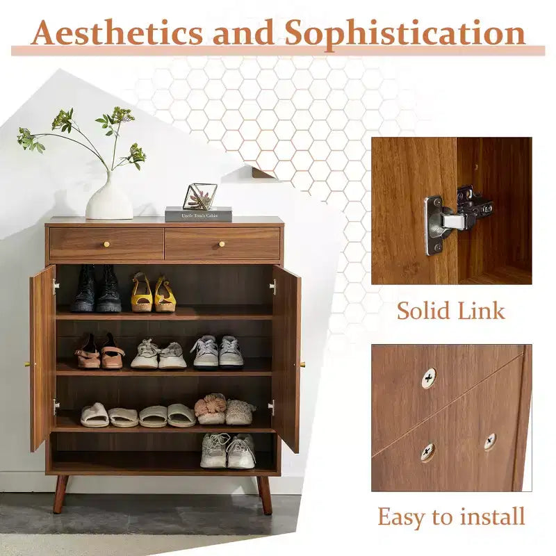 Mobile scarpiera/madia dal design in rattan color legno di metà secolo con ante e cassetti, scarpiera autoportante per foyer e ingressi